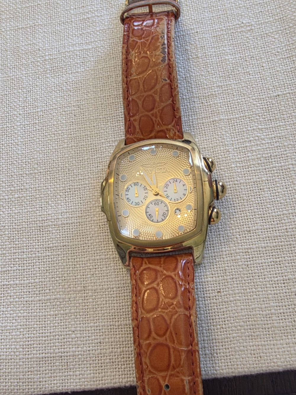 Invicta Lupah Gold-Tone Chronograph Watch with Brown Croc-Pattern Strap